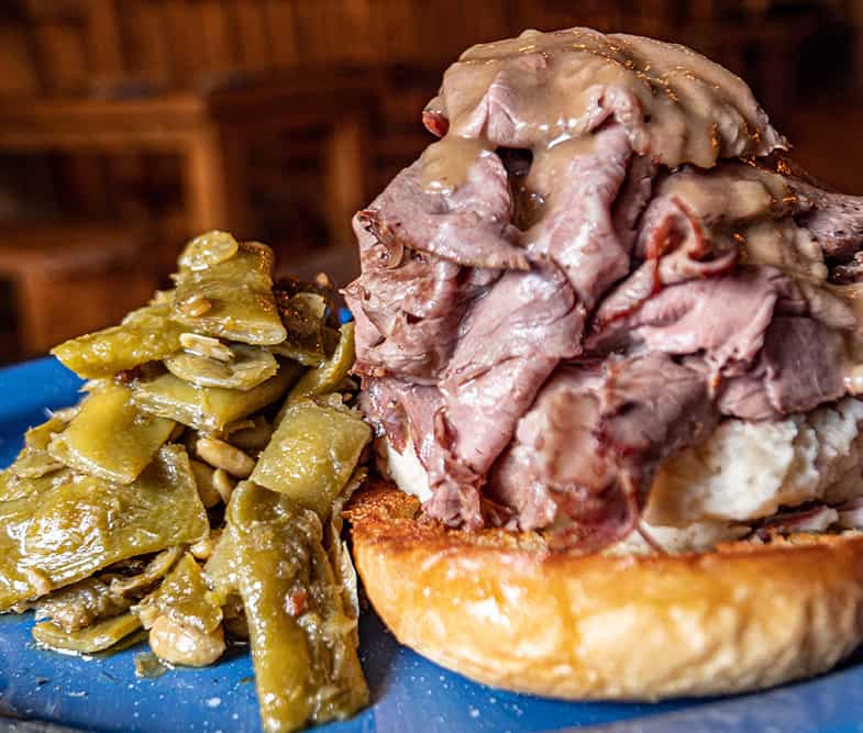 roast beef sandwich and green beans at Cumberland Jack's in Gatlinburg