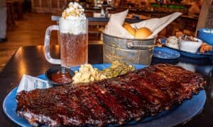 rack of ribs, mac and cheese, green beans, rolls, and a drink from cumberland jack's in gatlinburg